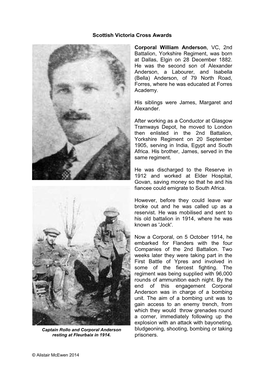 Scottish Victoria Cross Awards Corporal William Anderson, VC, 2Nd Battalion, Yorkshire Regiment, Was Born at Dallas, Elgin on 28