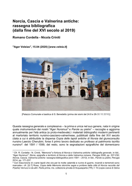 Norcia, Cascia E Valnerina Antiche: Rassegna Bibliografica (Dalla Fine Del XVI Secolo Al 2019)