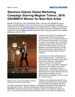 Skechers Debuts Global Marketing Campaign Starring Meghan Trainor, 2016 GRAMMY® Winner for Best New Artist