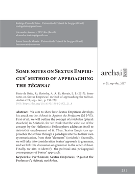 Some Notes on Sextus Empiri- Cus’ Method of Approaching the Téchnai Nº 21, Sep.-Dec