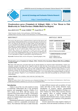 Pseudorasbora Parva (Temminck & Schlegel, 1846): a New Threat To