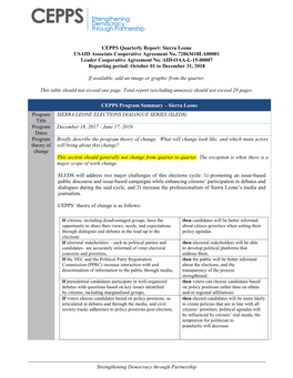 Strengthening Democracy Through Partnership CEPPS Quarterly Report: Sierra Leone USAID Associate Cooperative Agreement No. 72063