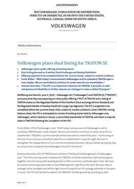 Volkswagen Plans Dual Listing for TRATON SE