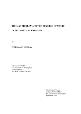 Thomas Morley and the Business of Music in Elizabethan England