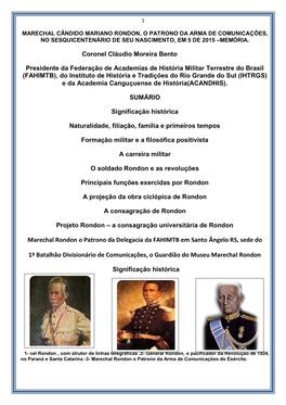 Marechal Cândido Mariano Rondon, O Patrono Da Arma De Comunicações, No Sesquicentenário De Seu Nascimento, Em 5 De 2015 –Memória