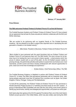 Geneva, 11Th January 2021 Press Release the FBA Welcomes