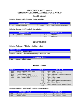 Prevozi Šol. Leto 2017/18 Osnovna Šola Primoža Trubarja L a Š K O