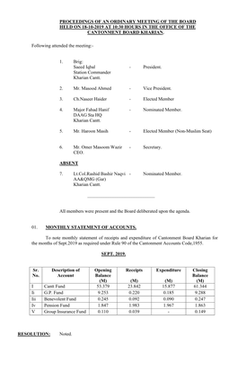 Proceedings of an Ordinary Meeting of the Board Held on 18-10-2019 at 10:30 Hours in the Office of the Cantonment Board Kharian