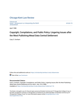 Copyright, Compilations, and Public Policy: Lingering Issues After the West Publishing-Mead Data Central Settlement