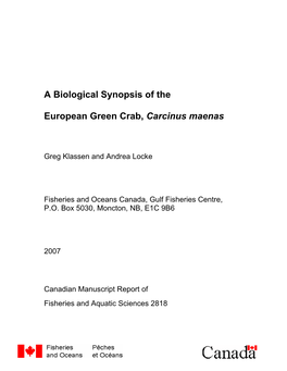A Biological Synopsis of the European Green Crab, Carcinus Maenas