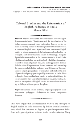 Cultural Studies and the Reinvention of English Pedagogy in India Meena Pillai