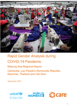 Rapid Gender Analysis During COVID-19 Pandemic Mekong Sub-Regional Report Cambodia, Lao People's Democratic Republic, Myanmar, Thailand and Viet Nam