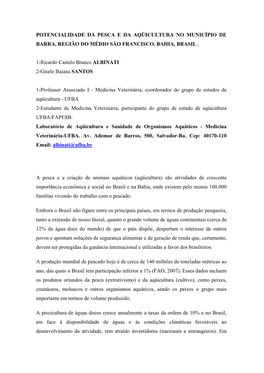 POTENCIALIDADE DA PESCA E DA AQÜICULTURA NO MUNICÍPIO DE BARRA, REGIÃO DO MÉDIO SÃO FRANCISCO, BAHIA, BRASIL . 1-Ricardo Ca