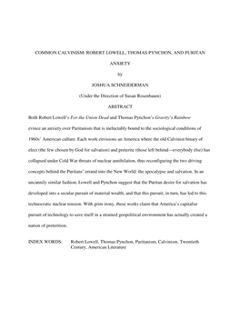 COMMON CALVINISM: ROBERT LOWELL, THOMAS PYNCHON, and PURITAN ANXIETY by JOSHUA SCHNEIDERMAN (Under the Direction of Susan Rosenb