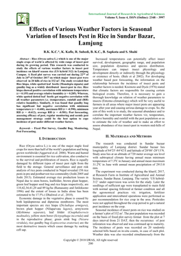 Effects of Various Weather Factors in Seasonal Variation of Insects Pest in Rice in Sundar Bazar, Lamjung