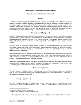 Quantifying Threaded Fastener Locking