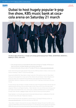 Dubai to Host Hugely Popular K-Pop Live Show, KBS Music Bank at Coca- Cola Arena on Saturday 21 March 17 Feb 2020, Dubai, UAE