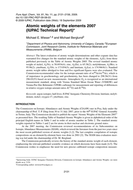 Atomic Weights of the Elements 2007 (IUPAC Technical Report)*