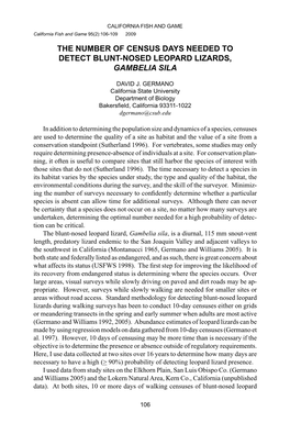 THE NUMBER of Census DAYS Needed to Detect Blunt-Nosed Leopard Lizards, GAMBELIA SILA