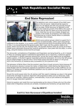 Irish Republican Socialist News, Vol. 1, No. 1 Organisation: Irishrepublicansocialistcommittees of North America Date: 2008