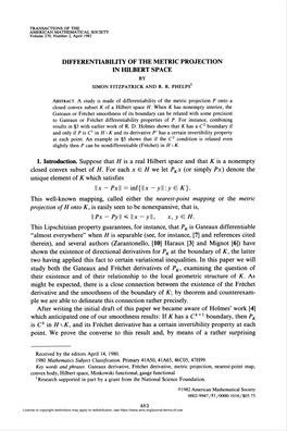 Differentiability of the Metric Projection in Hilbert Space