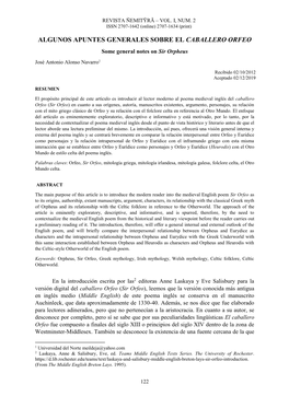 ALGUNOS APUNTES GENERALES SOBRE EL CABALLERO ORFEO Some General Notes on Sir Orpheus José Antonio Alonso Navarro1