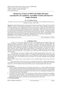 Democracy Context of 2019 Lok-Sabha Elections: a Perspective on Legislative Assemblies Trends and Issues in Andhra Pradesh