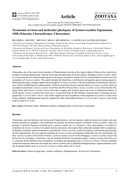 Taxonomic Revision and Molecular Phylogeny of Gymnocorymbus Eigenmann, 1908 (Teleostei, Characiformes, Characidae)