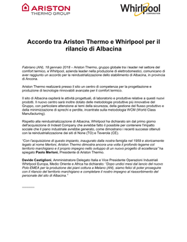 Accordo Tra Ariston Thermo E Whirlpool Per Il Rilancio Di Albacina