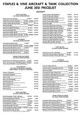 Staples & Vine Aircraft & Tank Collection JUNE 2021 Pricelist