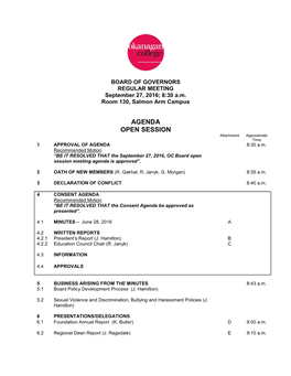 AGENDA OPEN SESSION Attachment Approximate Time 1 APPROVAL of AGENDA 8:30 A.M