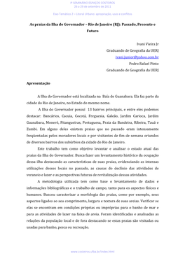 As Praias Da Ilha Do Governador – Rio De Janeiro (RJ): Passado, Presente E Futuro