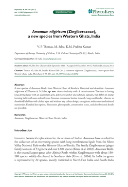 Amomum Nilgiricum (Zingiberaceae), a New Species from Western Ghats, India