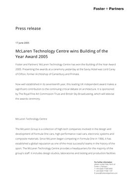 Mclaren Technology Centre Wins Building of the Year Award 2005