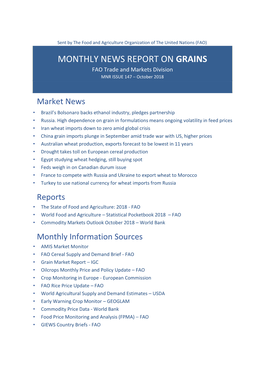 MONTHLY NEWS REPORT on GRAINS FAO Trade and Markets Division MNR ISSUE 147 – October 2018