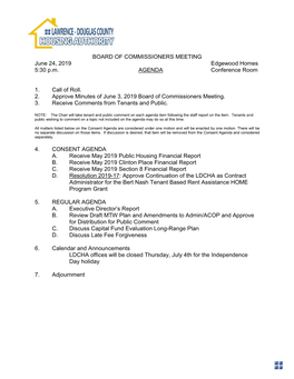 BOARD of COMMISSIONERS MEETING June 24, 2019 Edgewood Homes 5:30 P.M