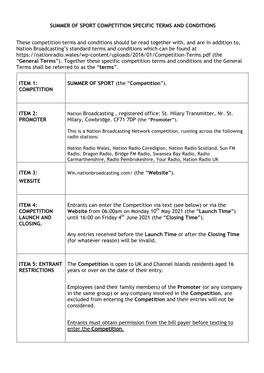 Summer of Sport Competition Specific Terms and Conditions