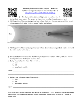 Astronomy Demonstration Video – Eclipses 1 Worksheet to Follow Viewing of the Astronomy Demonstration Video At