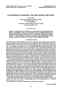 ICOSAHEDRAL SYMMETRY and the QUINTIC EQUATION Typeset by A