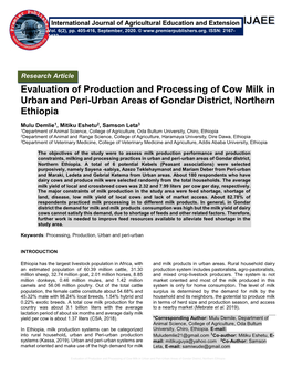 Evaluation of Production and Processing of Cow Milk in Urban and Peri-Urban Areas of Gondar District, Northern Ethiopia