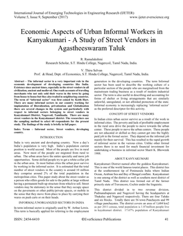 Economic Aspects of Urban Informal Workers in Kanyakumari - a Study of Street Vendors in Agastheeswaram Taluk