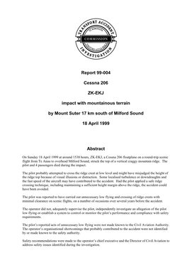 Report 99-004 Cessna 206 ZK-EKJ Impact with Mountainous Terrain By