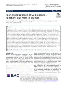 M6a Modification in RNA: Biogenesis, Functions and Roles in Gliomas
