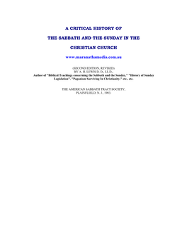 A Critical History of Sabbath and Sunday in The