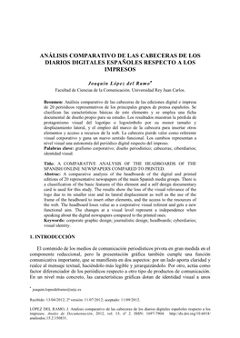 Análisis Comparativo De Las Cabeceras De Los Diarios Digitales Españoles Respecto a Los Impresos