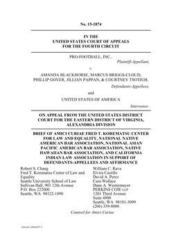 No. 15-1874 in the UNITED STATES COURT of APPEALS for the FOURTH CIRCUIT PRO-FOOTBALL, INC., Plaintiff-Appellant, V. AMANDA BLAC