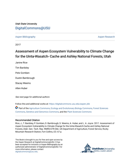 Assessment of Aspen Ecosystem Vulnerability to Climate Change for the Uinta-Wasatch- Cache and Ashley National Forests, Utah