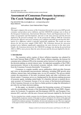 Assessment of Consensus Forecasts Accuracy: the Czech National Bank Perspective