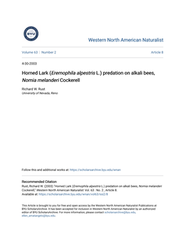 Horned Lark (Eremophila Alpestris L.) Predation on Alkali Bees, Nomia Melanderi Cockerell