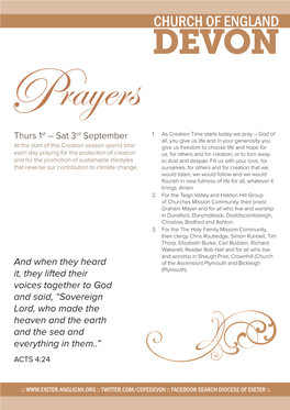 CHURCH of ENGLAND DEVON Prayers Thurs 1St – Sat 3Rd September 1